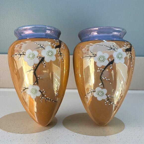 Vintage Japanese Wall Pocket Ceramic Vases Set of 2 Lusterware Cherry Blossom - Picture 2 of 3